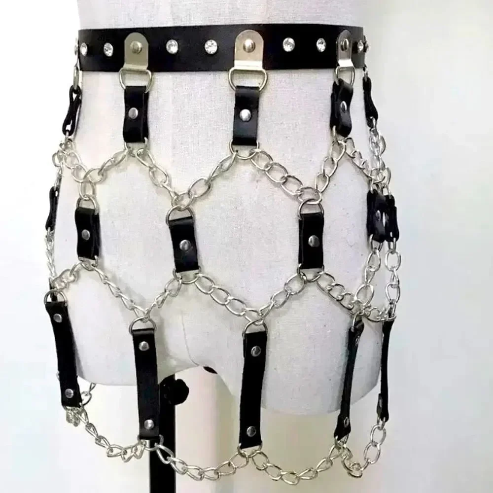Black Leather Harness Waist Wide Skirt Chain Belt - NEW